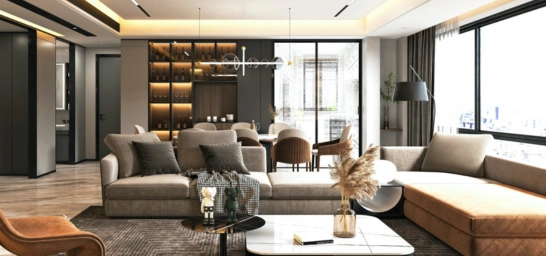 The contemporary living room with a spacious window showcases modern design and stylish furnishings.