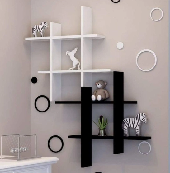 A stylish black and white wall shelf with a zebra shows an artistic fusion of decor and nature.